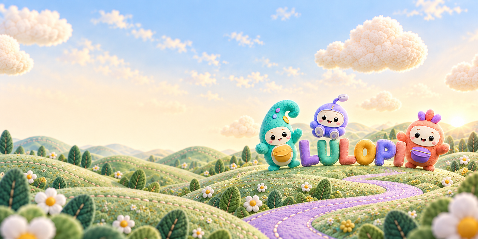 Lulu, Loli and Piko in a sunny garden of soft fabric hills, flowers and a winding lavender path